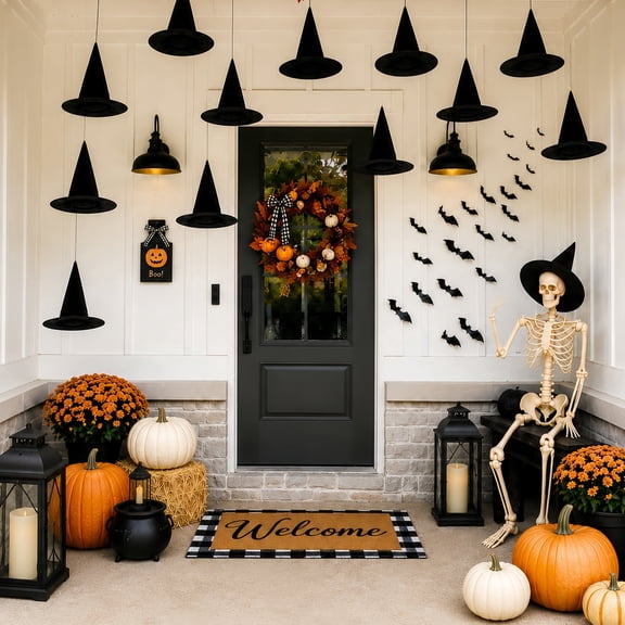 Valora Bella 12 PCS Halloween Witch Hats - 15" Black Hanging Witch Hats with 115 FT Nylon Cord - Wizard Hats Halloween Decorations Indoor Outdoor for Porch Yard Door Window Party Decor