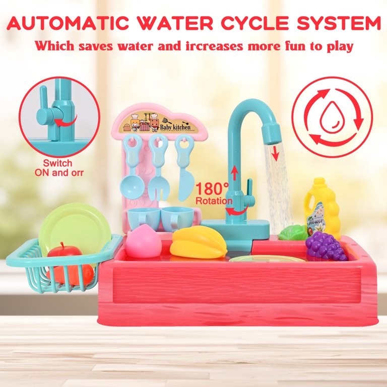 Nbpower Play Sink With Running Water, Rechargeable Kids Kitchen Sink Toy  with Automatic Water Cycle System, Floating Fishing Game Sink Toys for Toddlers  1-3, Toddler Sink Toys for Water Play, Green 