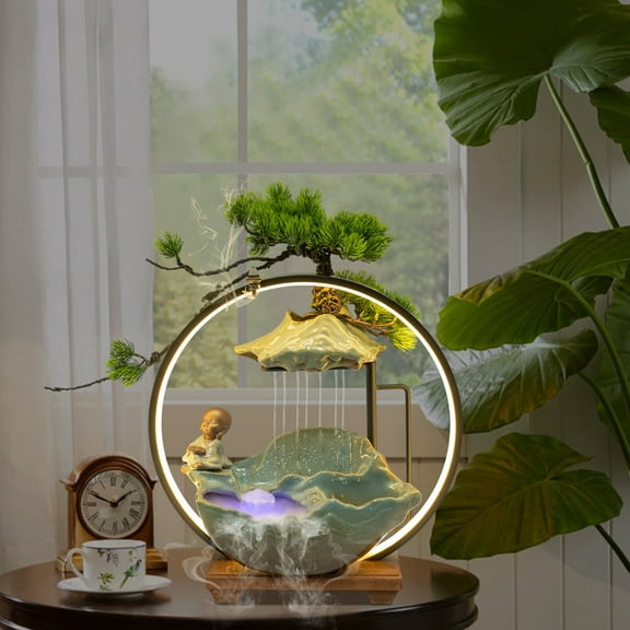 Tabletop Water Fountain Indoor Waterfall with LED Mist Desk Fountain Feng Shui 15.7*4.7*16.3inch