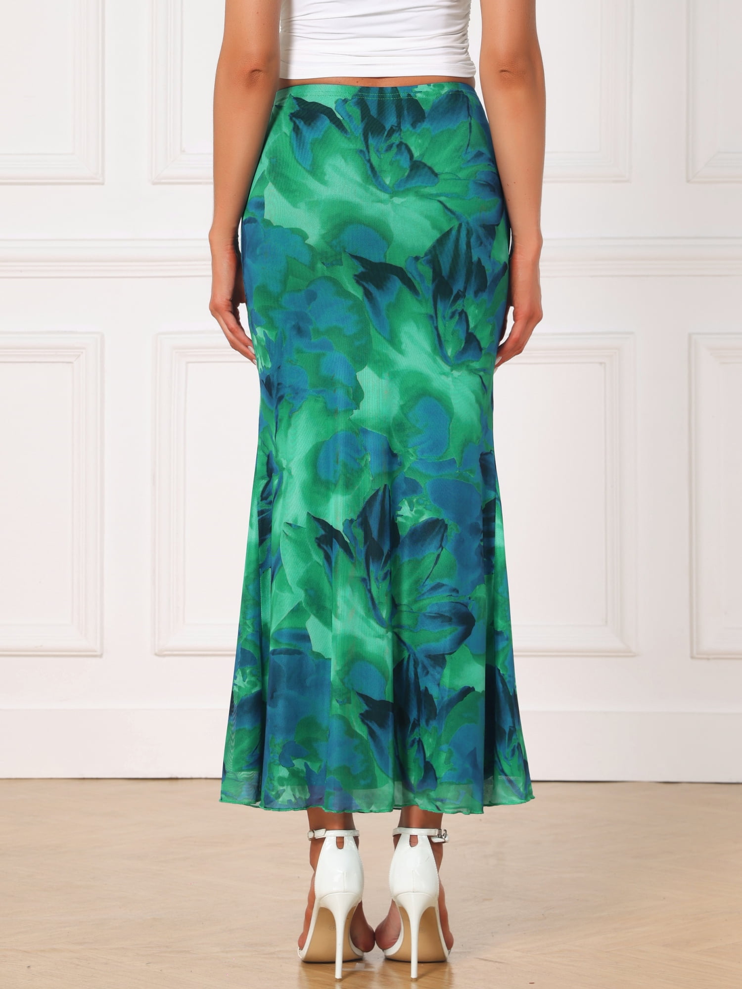 DARING DIVA Women's Floral Mesh Maxi 2026 High Waisted Boho Skirt L Blue Green