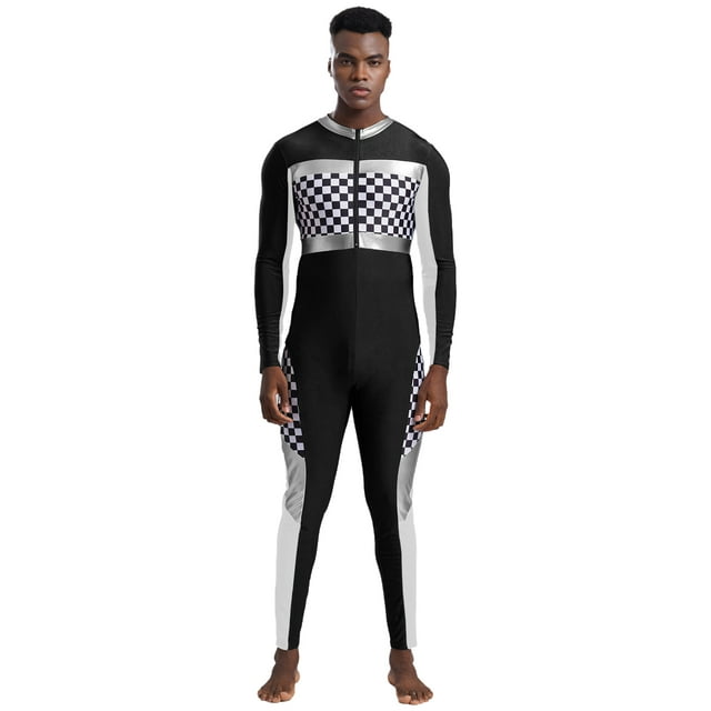 iiniim Men's Race Car Driver Costume Jumpsuit Checkerboard Plaid Rompers Finish Line Racer Outfits Black XL