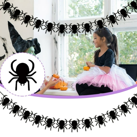 Black Spider Web Garland - Halloween Hanging Banner with Spiders for Haunted Mansion Decor, for Mantle Fireplace Party Decorations Indoor Outdoor