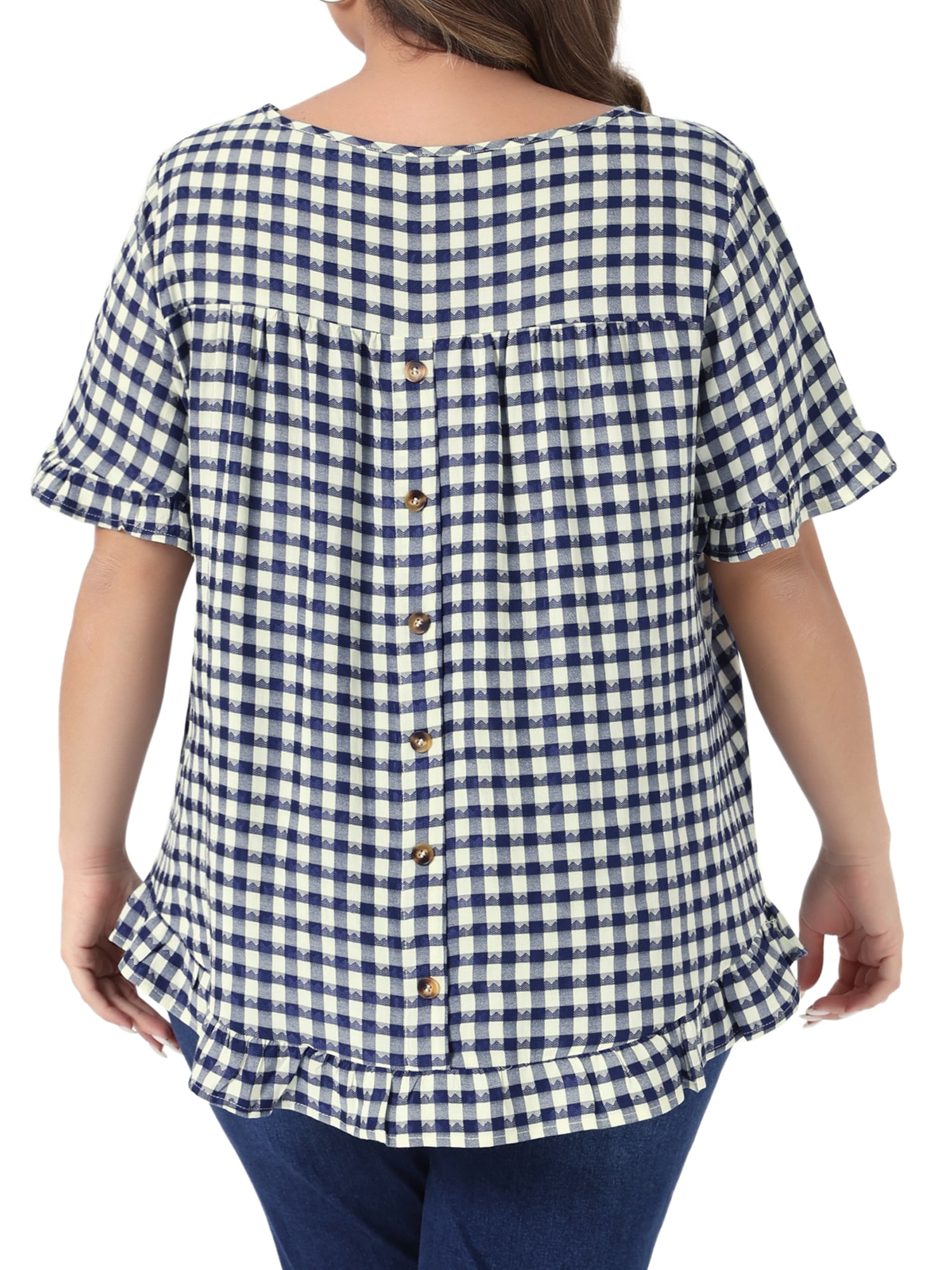 DARING DIVA Women's Plus Gingham 1950s Plaid Round Neck Tops 2X Navy Blue
