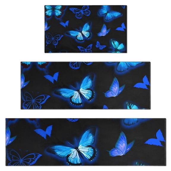 Black Blue Butterfly Pattern Kitchen Rugs Sets Of 3,Kitchen Runner Rugs Non Skid Washable,Decorative Kitchen Floor Mats for Kitchen,Sink,Laundry,17"x30"  17"x47"   17"x59"