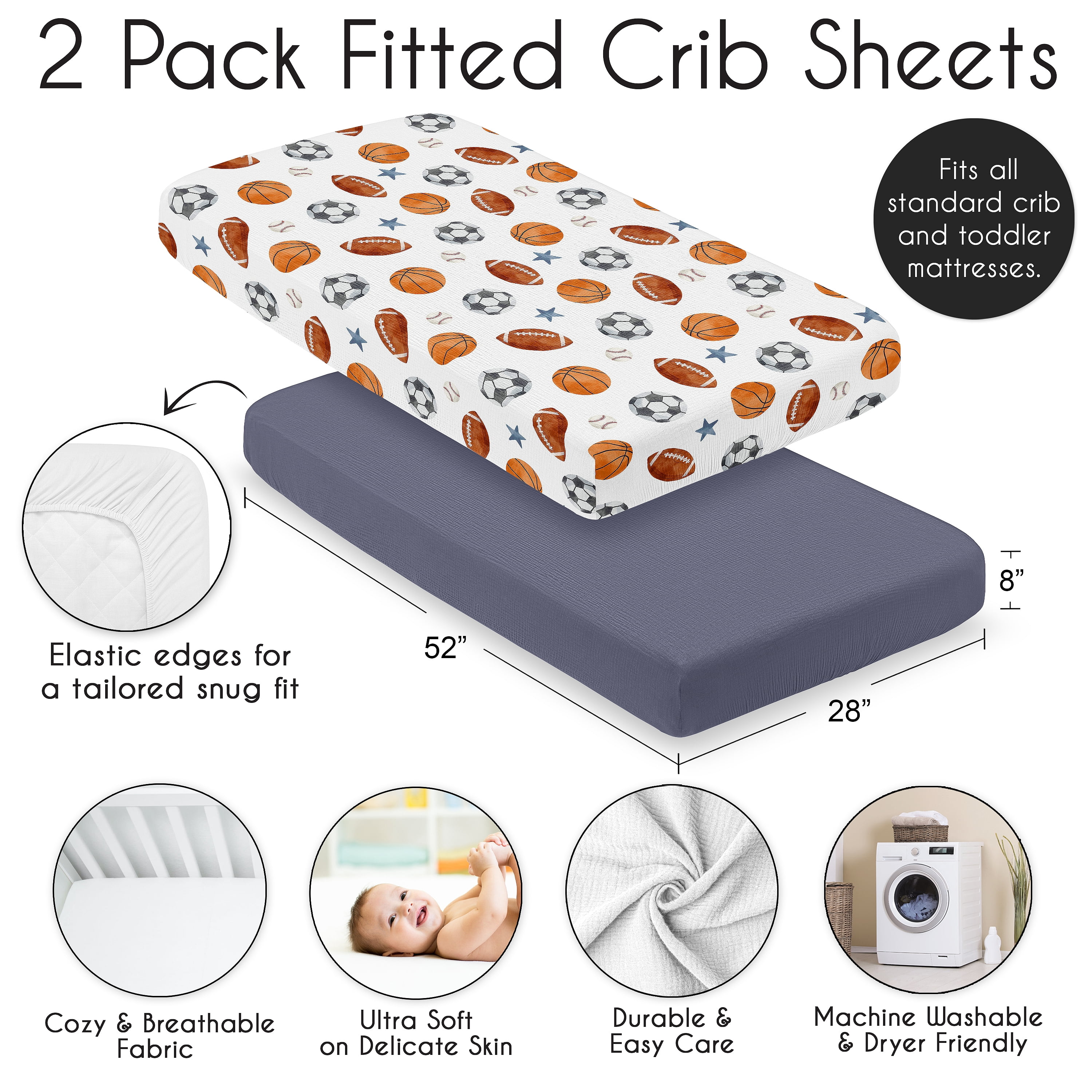 Sweet Jojo Designs Watercolor Sports Theme Boy 100% Cotton Muslin Fitted Crib Sheets Set 2 Piece