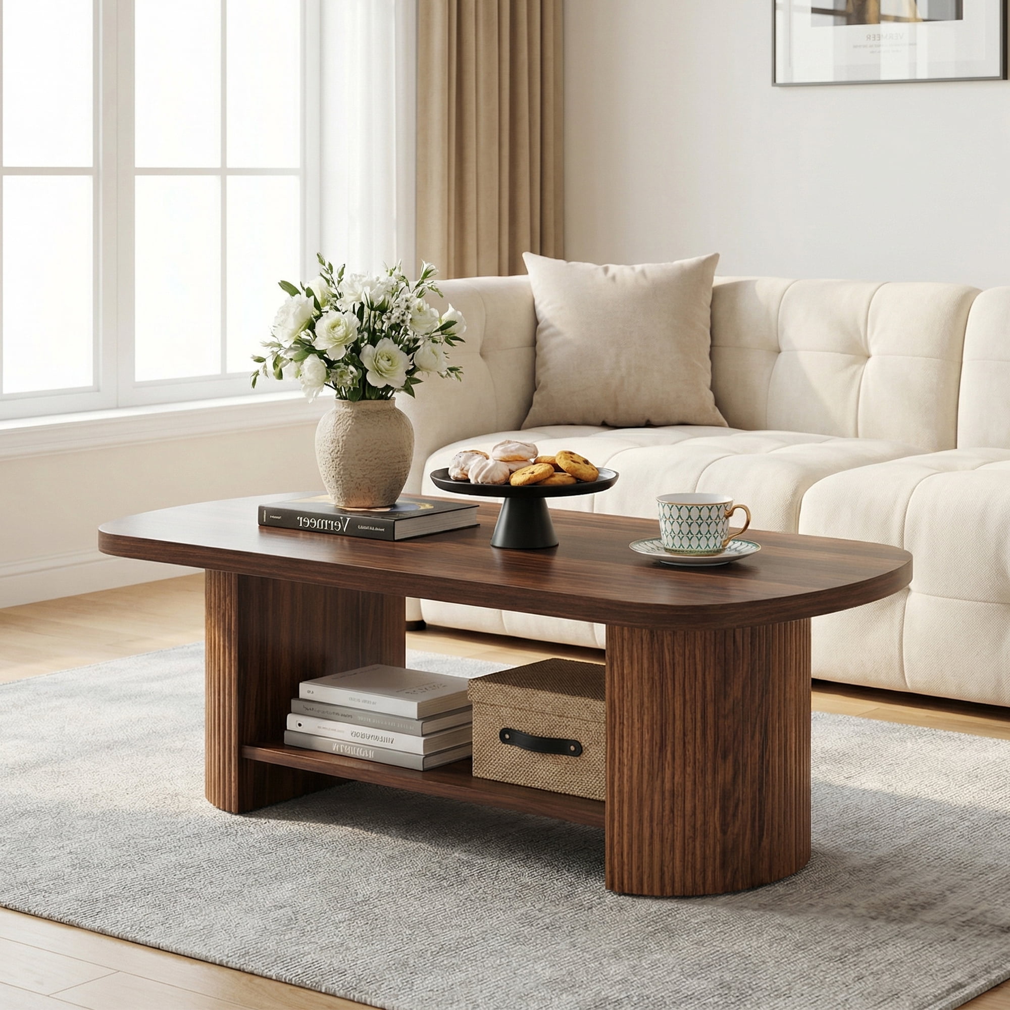 MAYEETY 45 Inch Modern Oval 2-Tier Coffee Table Fluted Base Storage Living Room Table