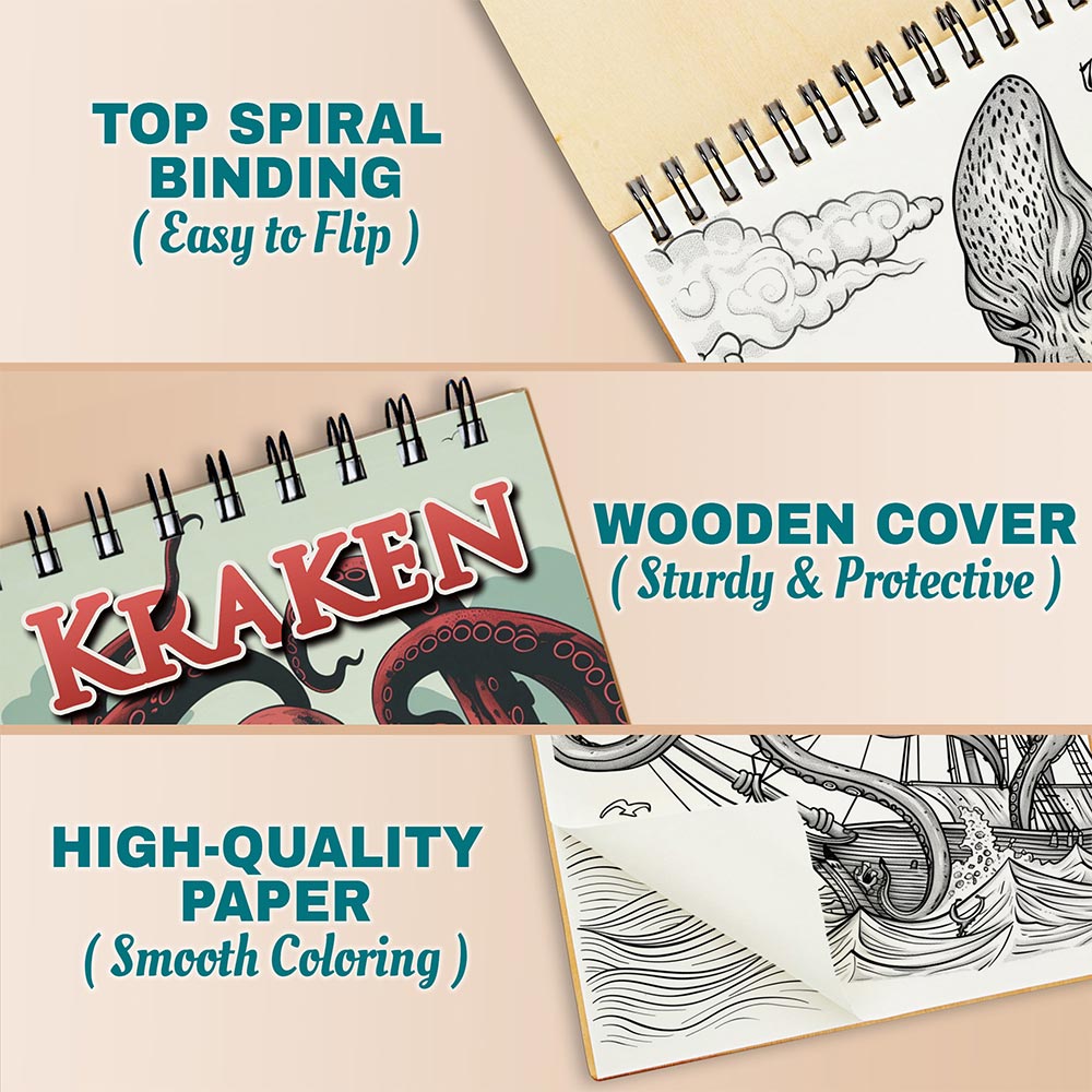 Netecom Kraken Coloring Book for All Ages, A5 Wooden Cover, 30 Awesome Coloring Pages of Mythical Sea Monsters for Stress Relief and Relaxation, Spiral Bound Edition