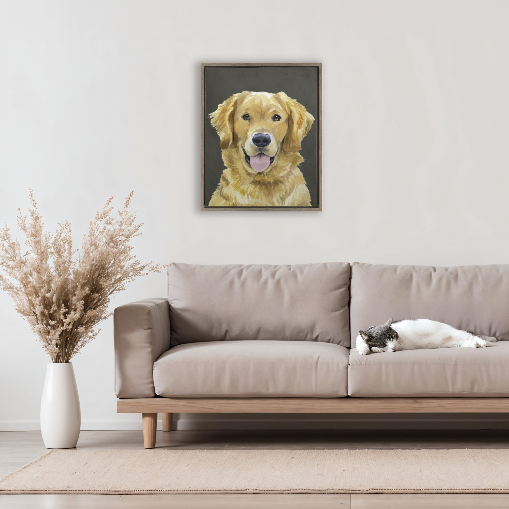 Stupell Industries Joyful Golden Retriever Portrait Brown Framed Floater Canvas Wall Art, design by Lil' Rue