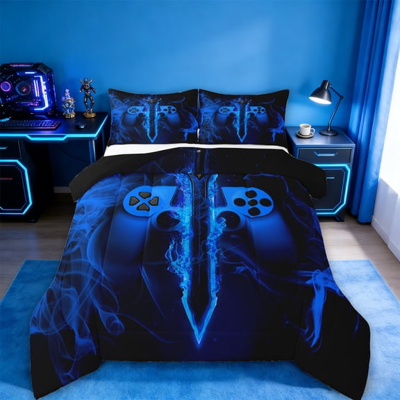jejeloiu Blue Gamepad Bedding Comforter Set,Modern Video Game Twin Comforter Sets,Gaming Gamer Bedding Set For Girl Kids,Super Cozy Bedroom Decor Reversible,2pcs
