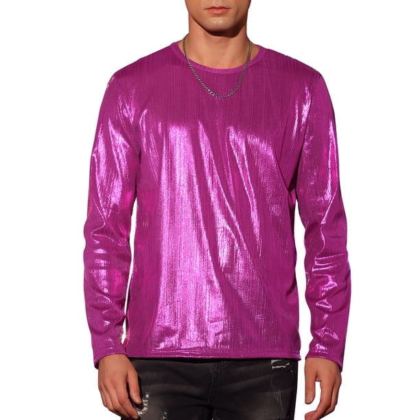 Camiseta metálica INSPIRE CHIC de manga larga para hombres, camiseta brillante para discoteca color rojo rosa 2XL