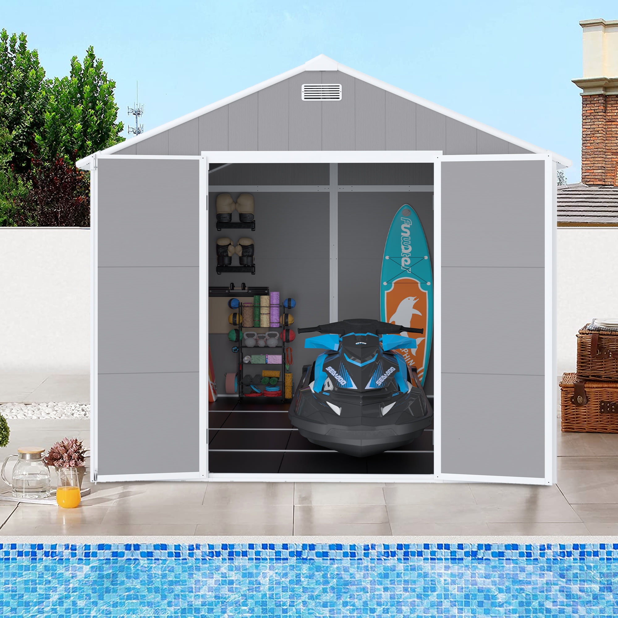Seizeen Resin Shed, Outdoor Storage Shed 7.15 x 8.26FT Extra Large, Outside Garden Shed for Lawn Mover Bike Tool, w/Double Doors, Air Vents, Double Windows, PP Floor