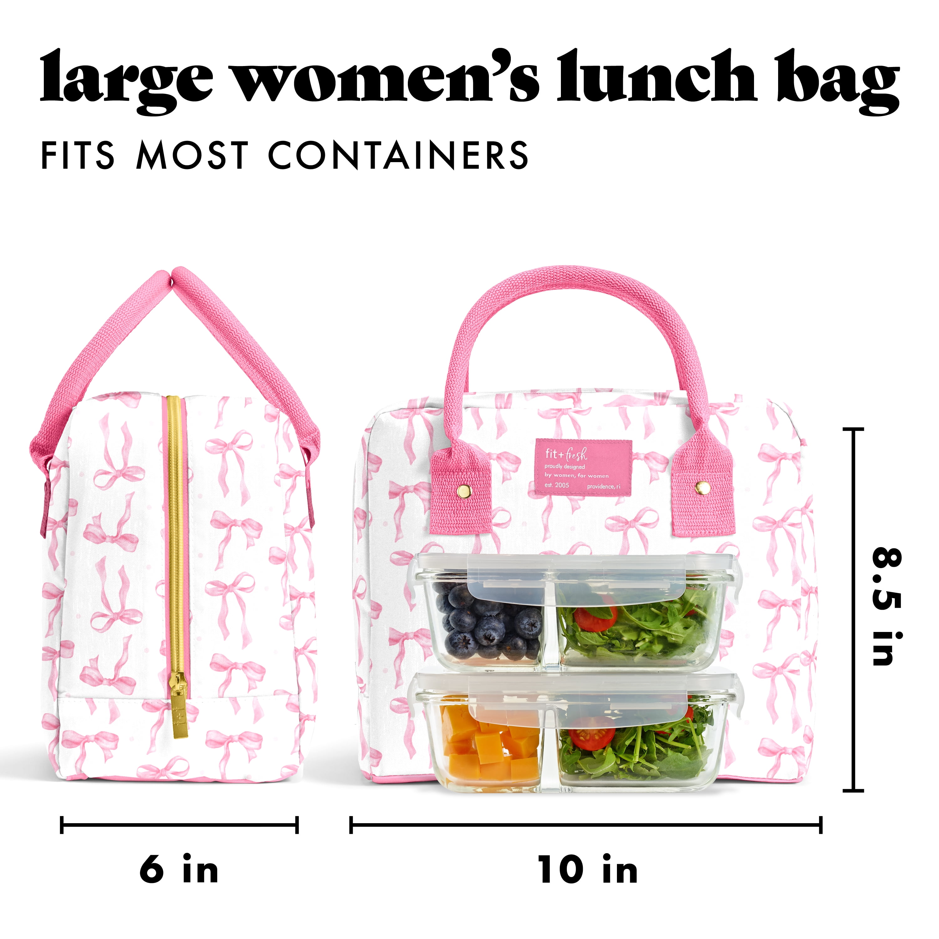 Fit + Fresh Bloomington Womens Lunch Bag, Insulated Lunch Box With Containers, Pink Bows