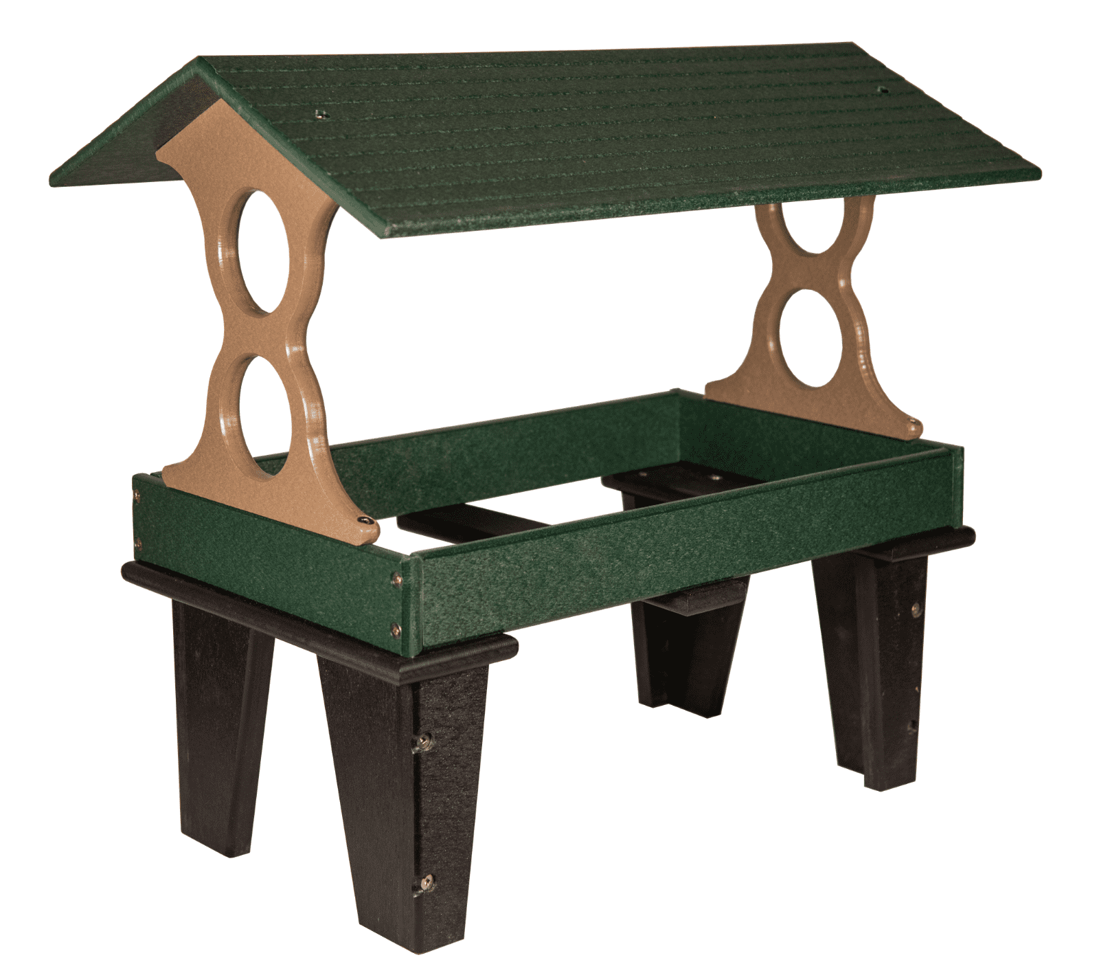 JCs Wildlife Medium Ground Fly Thru Bird Feeder - Holds 4 Cups of Bird Seed - Removable Tray - Covered Platform - Green and Tan