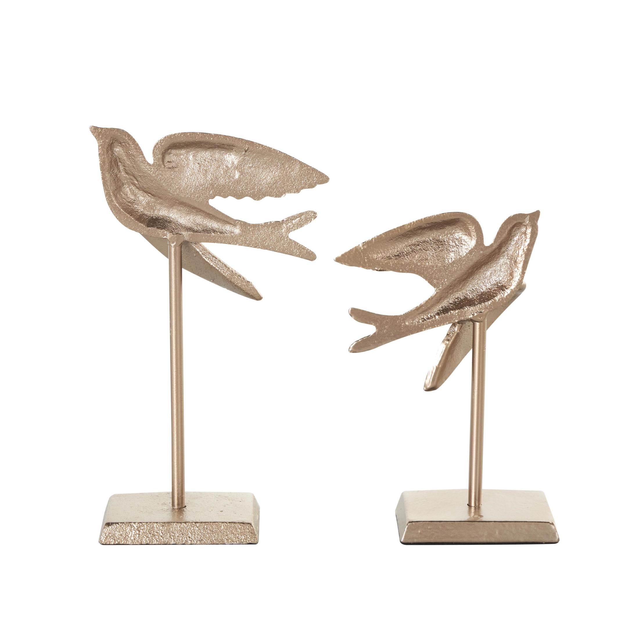 9", 7"H Gold Metal Metallic Bird Sculpture with Stand, by DecMode (2 Count)