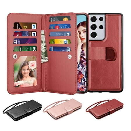 Galaxy S21 Case, Samsung Galaxy S21 5G Wallet Case, Njjex Luxury PU Leather 9 Card Slots Holder Carrying Folio Flip Cover [Detachable Magnetic Hard Case] & Kickstand & Strap