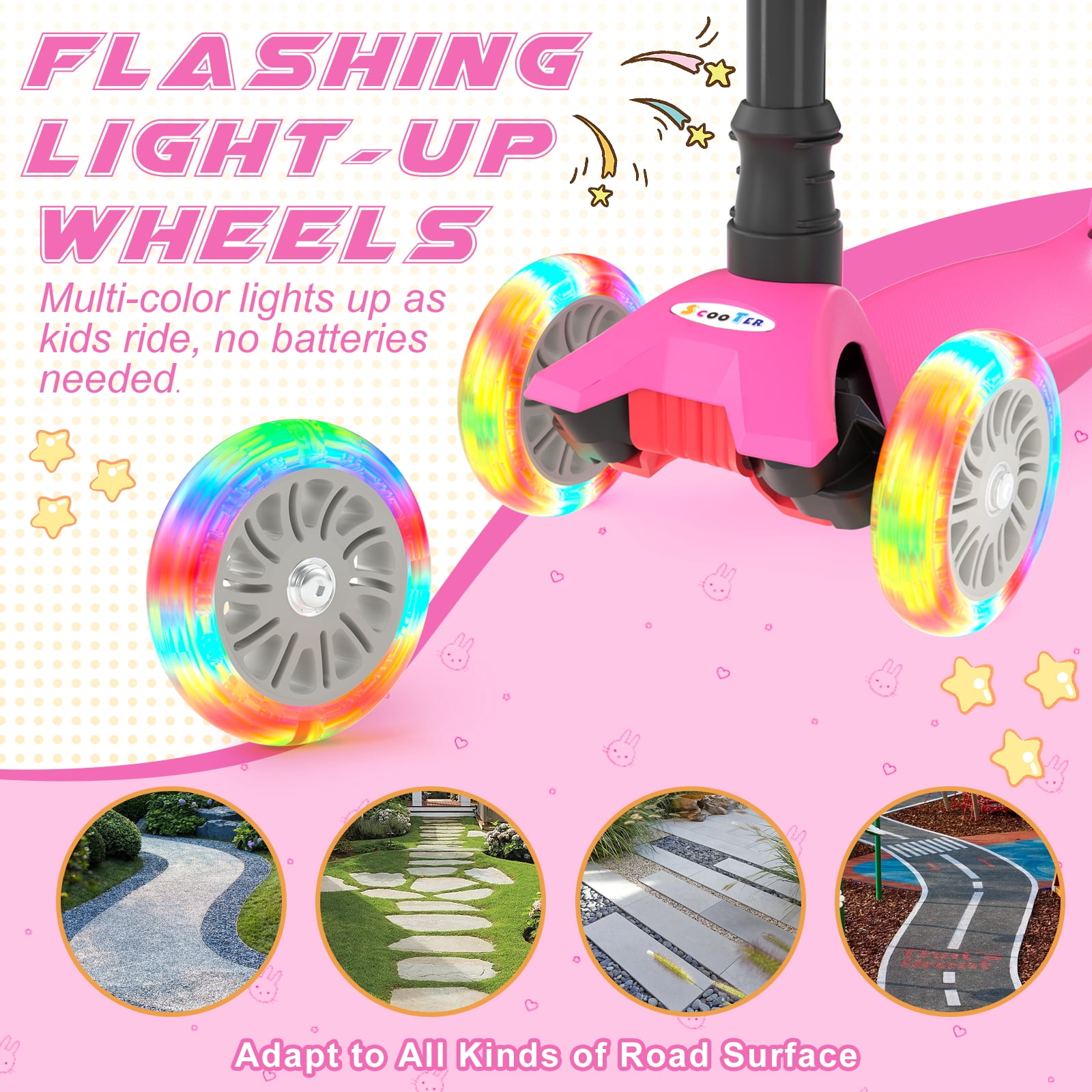 XJD 3 Wheel Kick Scooter for Kids,Foldable 3 Wheels Toddlers Scooter with LED Light & Adjustable Height, Best Gift for Boys Girls Outdoor Activities, Peach