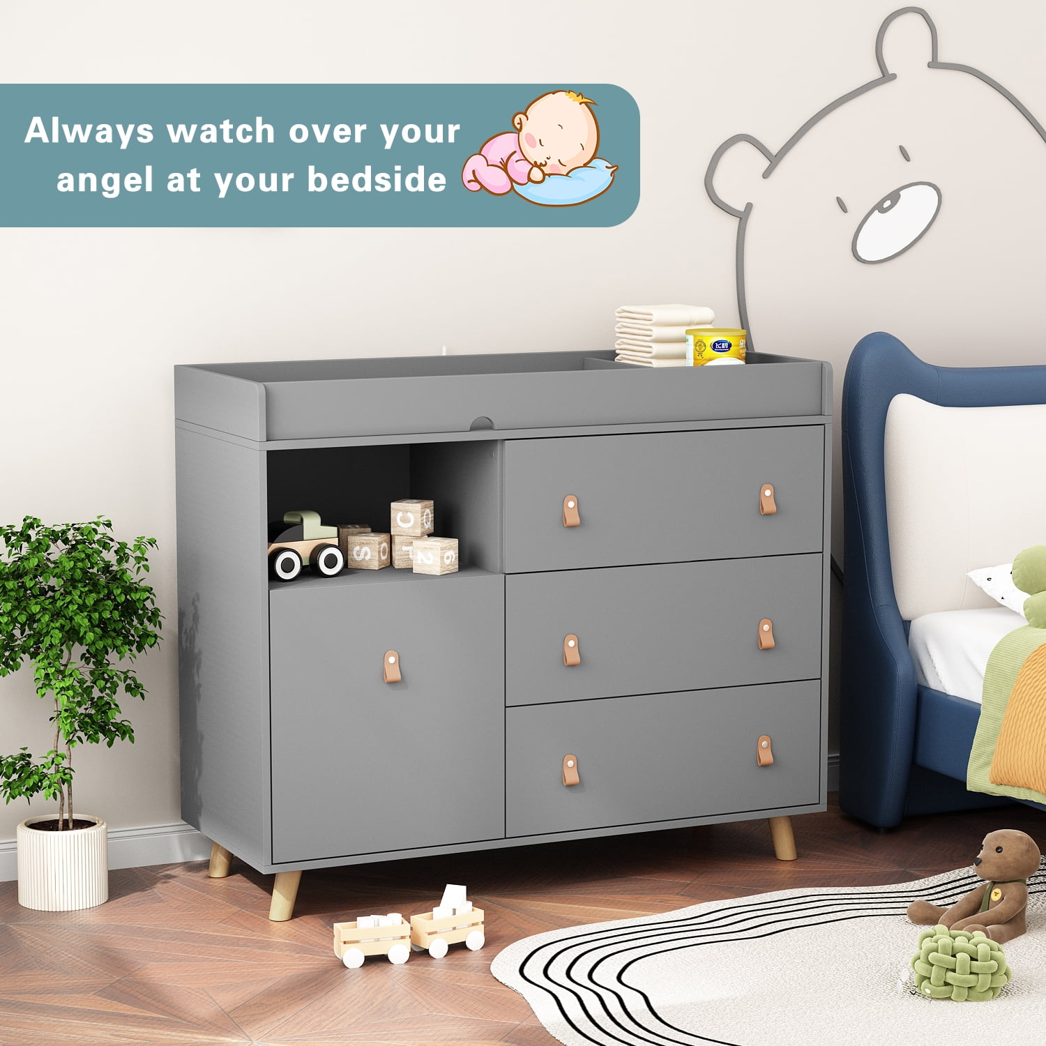 Oxylife Baby Nursery Changing Table Dresser with 3 Drawers and Shelf, Gray