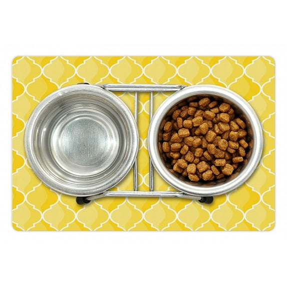 Yellow Pet Mat for Food and Water, Moroccan Trellis Pattern in Yellow Tones Vintage Eastern Pattern, Non-Slip Rubber Mat for Dogs and Cats, 18" X 12", by Ambesonne
