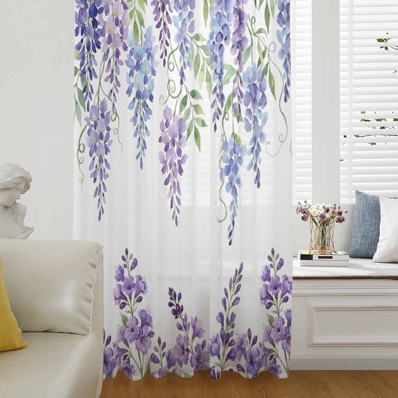 Purple Weeping Flowers Sheer Curtains 63 Inches Long for Living Room/Bedroom, Spring Floral Elegant Pastoral Rod Pocket Voile Kitchen Curtains & Drapes Window Treatment 1 Panel, 52"W x 63"L