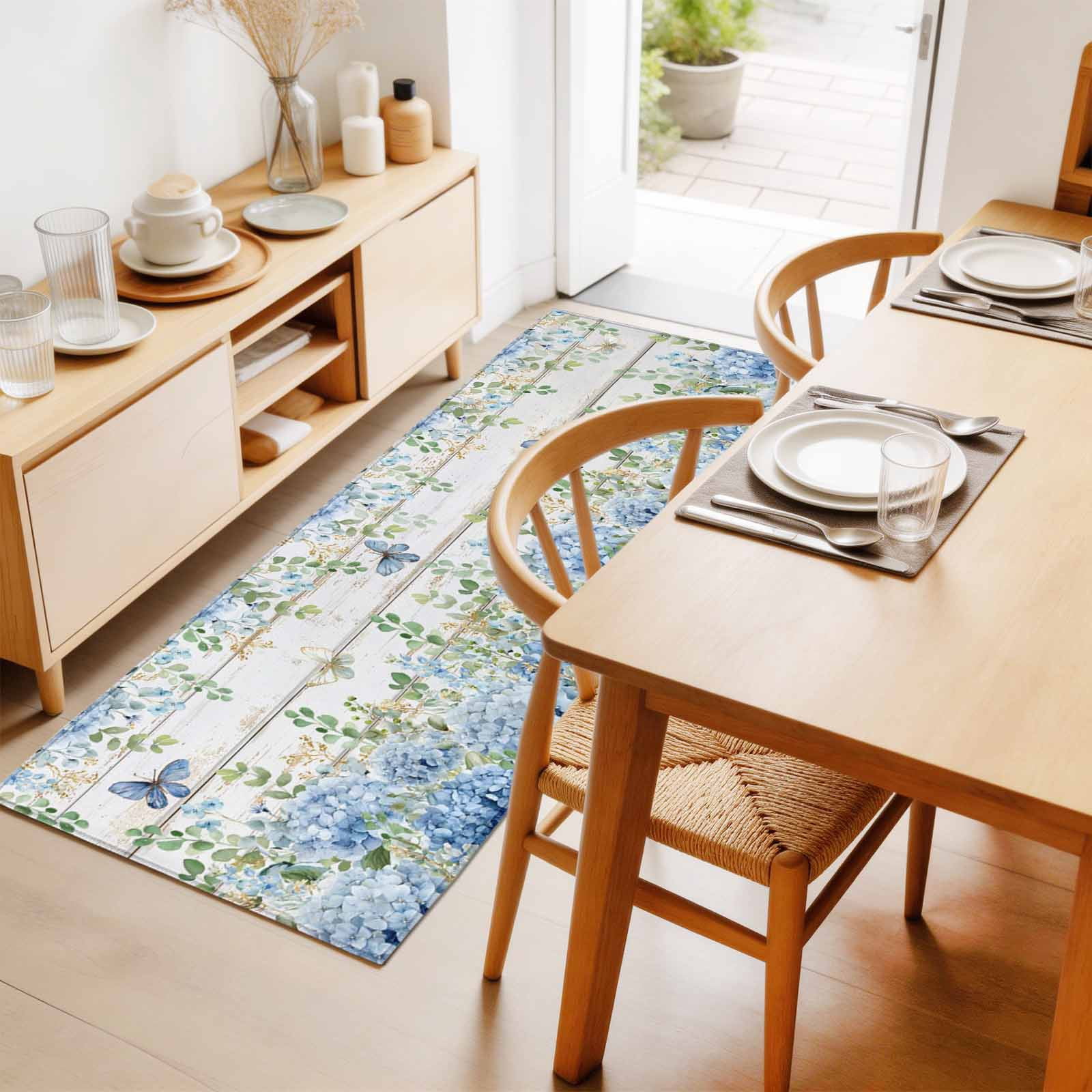 Runner Rugs 2x6 Ft, Blue Hydrangea Non Slip Area Rugs for Kitchen Bedroom Entryway, Spring Summer Eucalyptus Wooden Washable Carpet Runner Rug Floor Mats for Bedroom Home Decor
