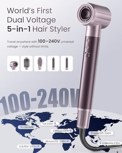 5 in 1 Air Styler with High-Speed Blow Dryer, Dual Voltage Hair Dryer Brush with Travel Bag, Anti-Frizz, Compact - Purple