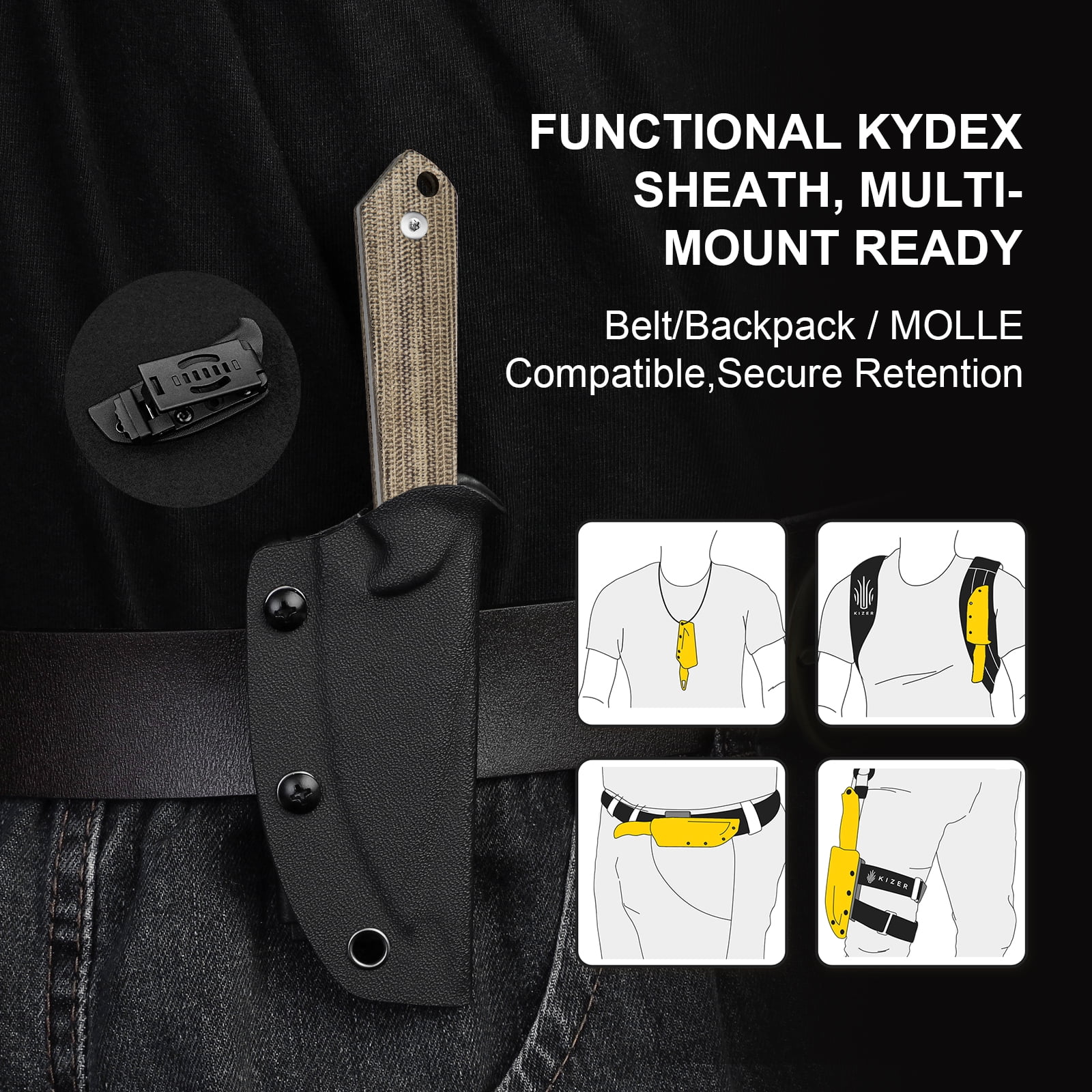 Kizer Mini Harpoon Fixed Blade Knife 3" AEB-L Blade Micarta Handle Pocket Tactical Knives 1040S7, Camping Hiking, Brown