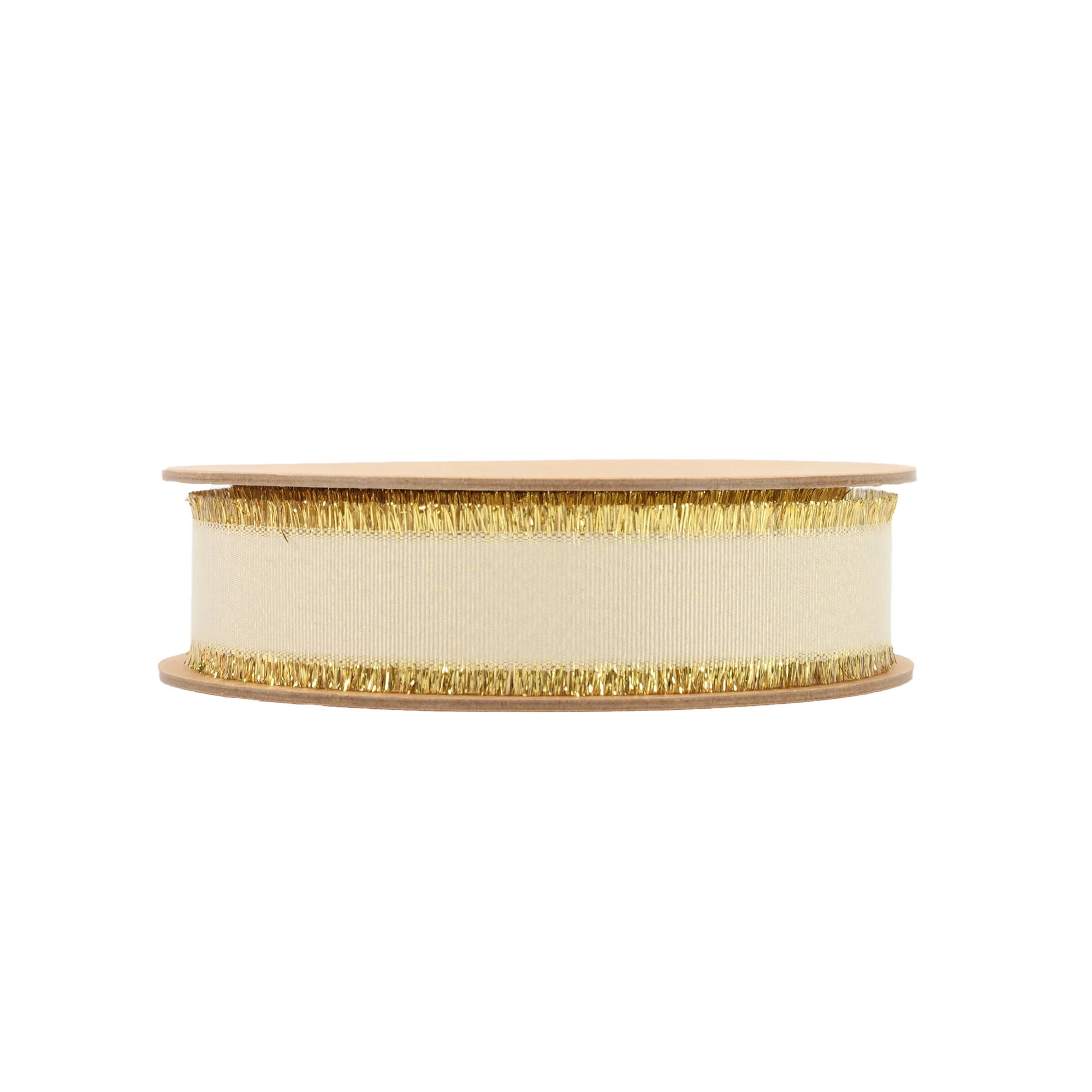 LaRibbons 1" Textured Grosgrain Ribbon | Gold Metallic Fringe Cream | 25 Yard Roll