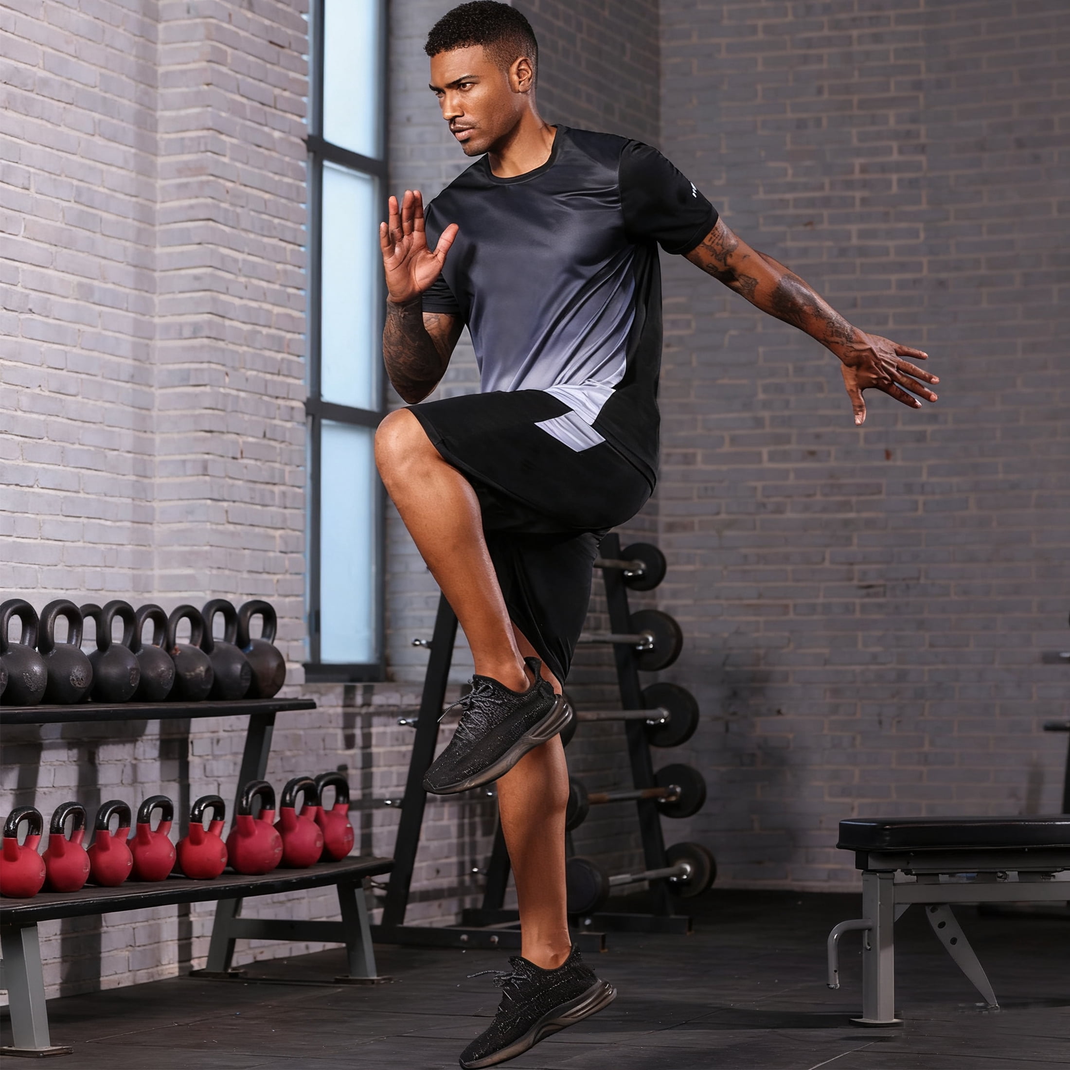 3 pack Mens Gym Short Sleeve T-Shirt Set Athletic Basketball Workout Running Shorts,S-3XL