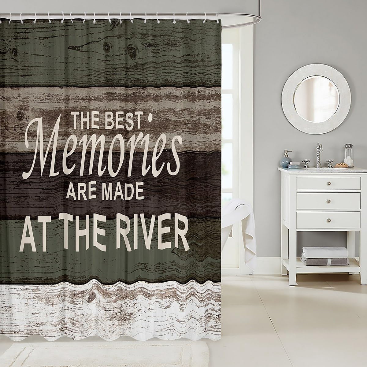 River Theme Shower Curtain Vintage Wood Bathroom Shower Curtain Set for Kids Adult Rustic Farmhouse Bath Curtain Blue and Brown Waterproof Curtains Room Decor 72 x 72 Inch