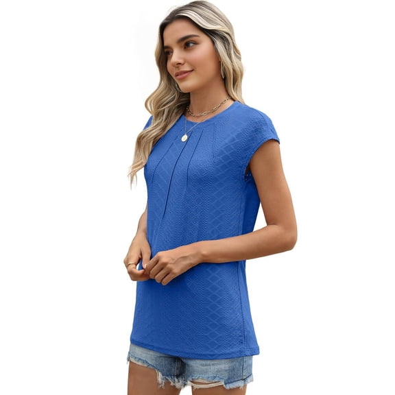 Womens Summer Pleated Dressy Casual Cap Short Sleeve Sleeve T-Shirts Blue M