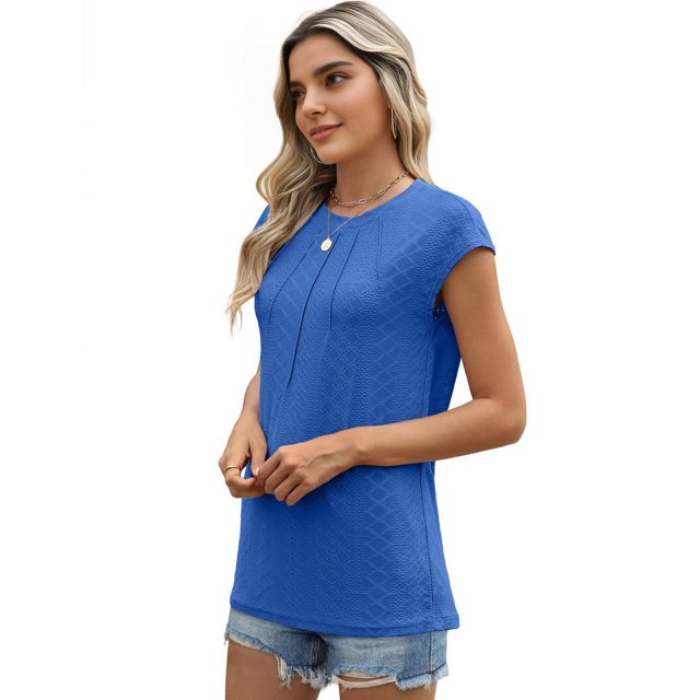 T-Shirts d'Été Plissés Décontractés pour Femmes Manches Courtes Bleu TG