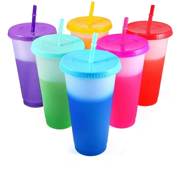 GIXUSIL Colour Changing Cups - 6 Pcs Reusable Tumblers with Lids & Straws BPA Free Colored Tumbler Party Bulk Iced Water Coffee Travel Mug - 16oz Plastic Cold Drink Cup for Kids Adults