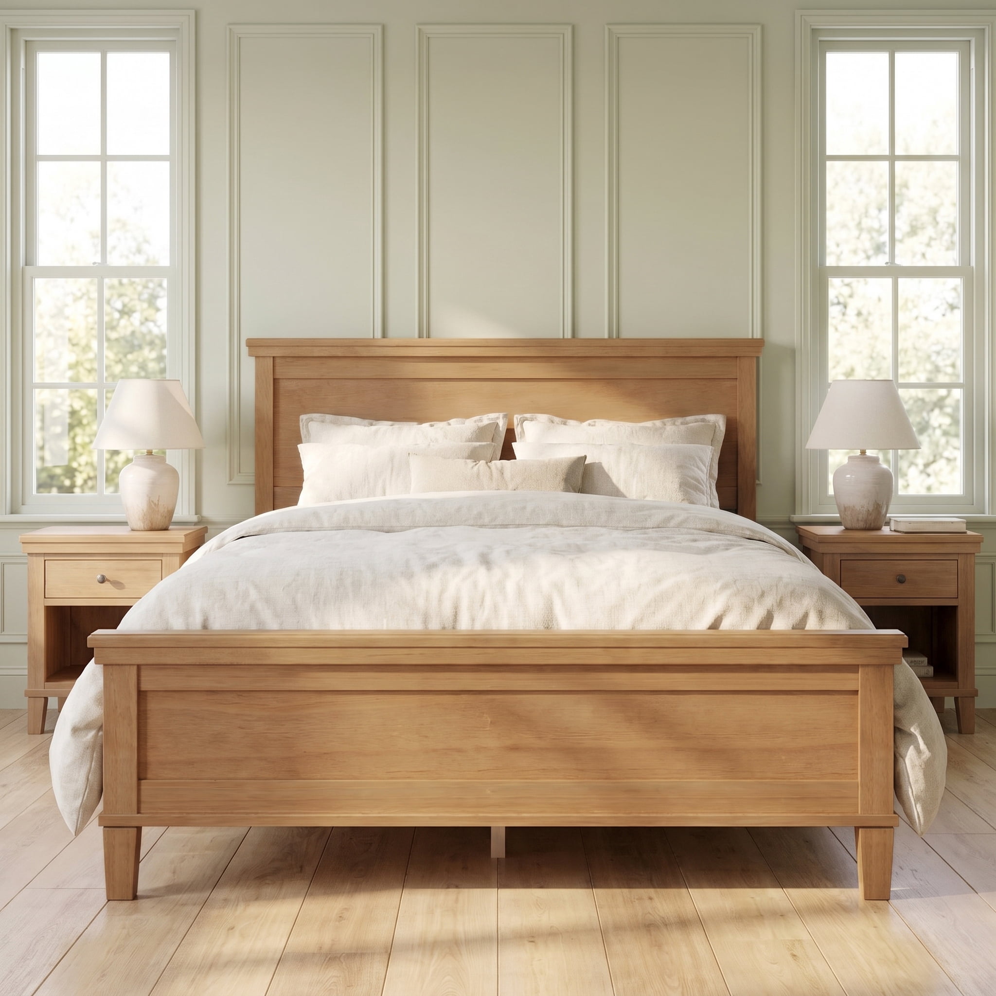 Euroco Mid-Century Wood Queen Size Platform Bed with Headboard and Wood Slat Support, No Box Spring Needed, Seadrift
