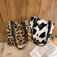 thumbnail image 3 of Convenient Elegant Leopard Cow Plush Office Women Shoulder Bags Korean Messenger Bags Worker Tote Handbag Shopping Bag BLACK, 3 of 8