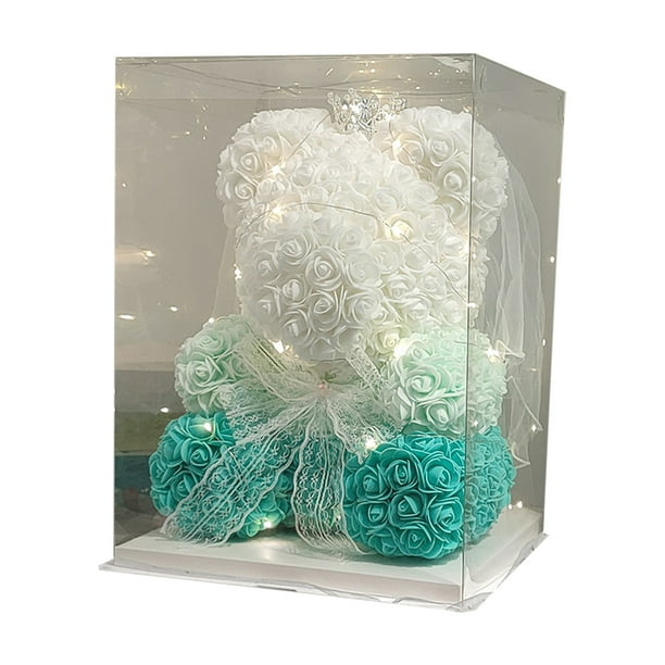 Decoraciones para San Valentín, adornos para San Valentín, regalos para San Valentín, oso de peluche con rosas artificiales de 25 cm con luces, incluye caja de regalo transparente, decoraciones de plá