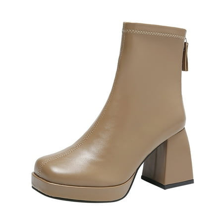 

nsendm Boots for Women Booties Heels Open Toe Ladies Fashion Solid Color Leather Back Zipper Square Woman Boots Women Shoes Khaki 7.5