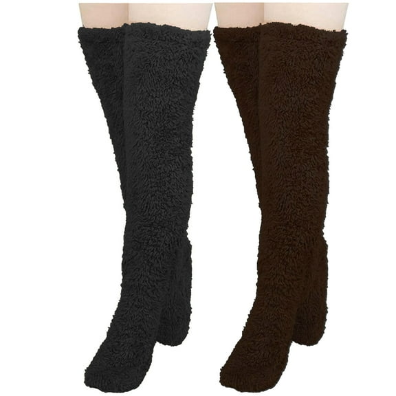 ICHUANYI Women's 2 Pairs High Fuzzy Socks Over Knee Winter Leg Warmers Plush Slipper Socks For Womens Christmas Home Sleeping Summer Deal