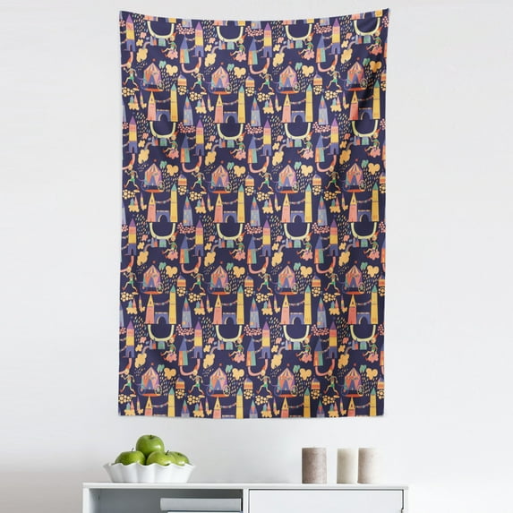 Cartoon Tapestry, Carnival Pattern with Circus Carts Doodle Style Castles and Houses Illustration, Fabric Wall Hanging Decor for Bedroom Living Room Dorm, 5 Sizes, Multicolor, by Ambesonne