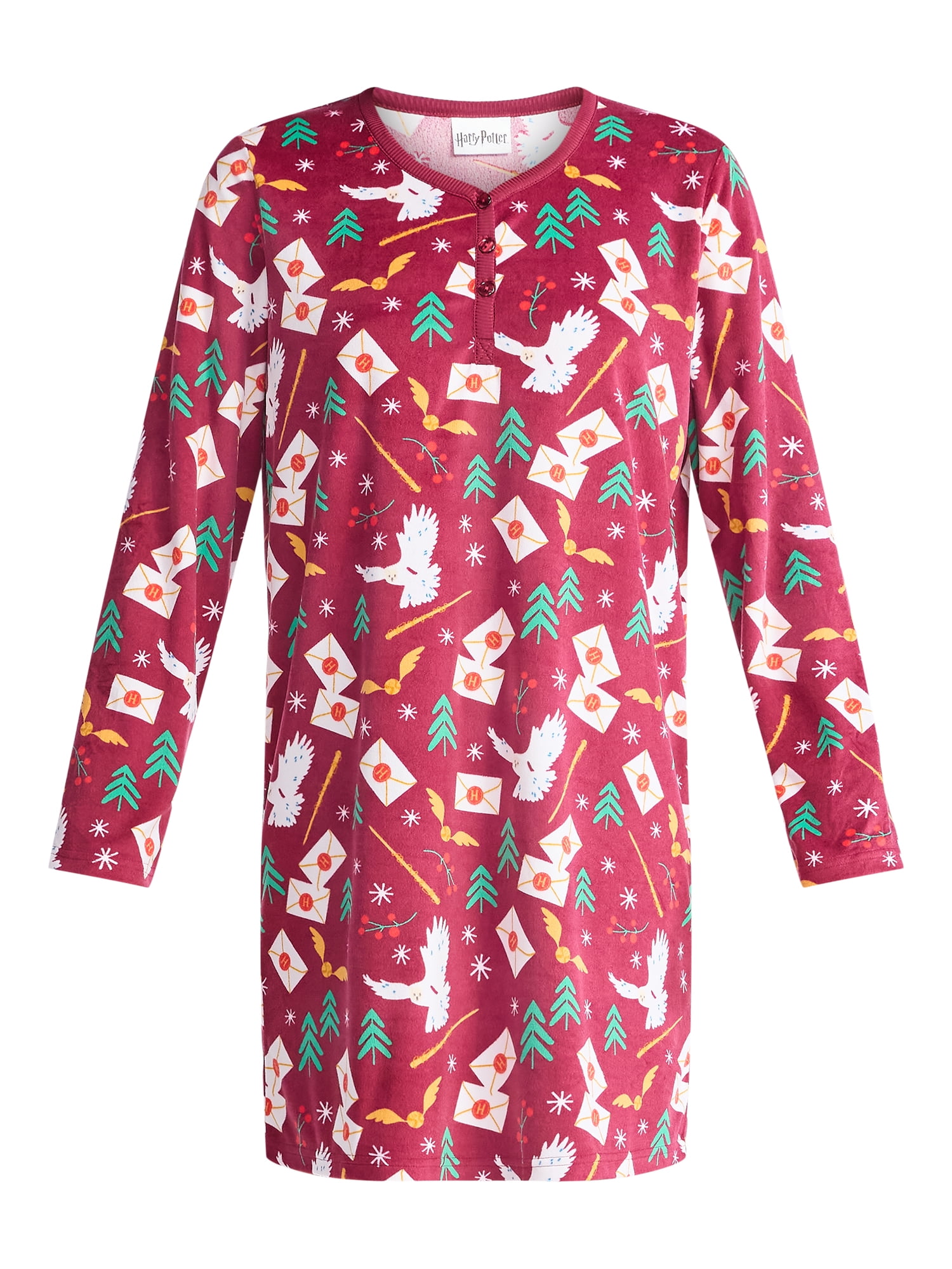 Harry Potter Women's and Women's Plus Holiday Print Henley Sleepshirt and Plush Socks Set, 2-Piece, Sizes XS-3X