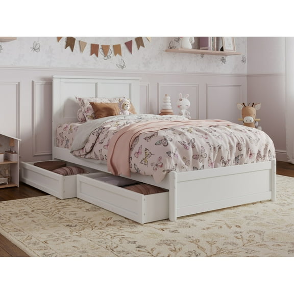 Felicity Twin Wood Platform Bed with Panel Footboard & Storage Drawers in White