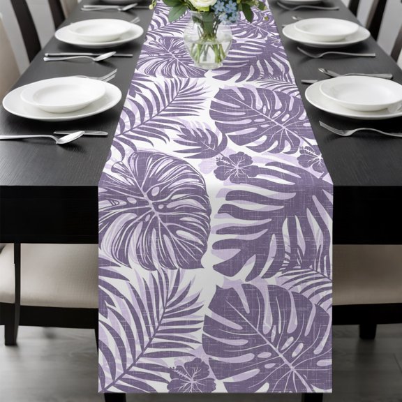 Purple Monstera Table Runner 60 Inches,Dining Table Runners Dresser Scarves,Palm Tree Leaf Boho Botanical Tropical Kitchen Coffee Tablerunner for Tabletop Party Birthday Holiday Wedding Decor 13"x60"