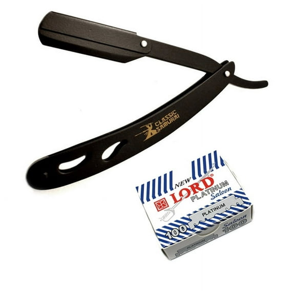 lassic Samurai CS-102 Matte Black Folding Straight Razor, Shavette with 100 Lord Platinum Single Edge Razor Blades