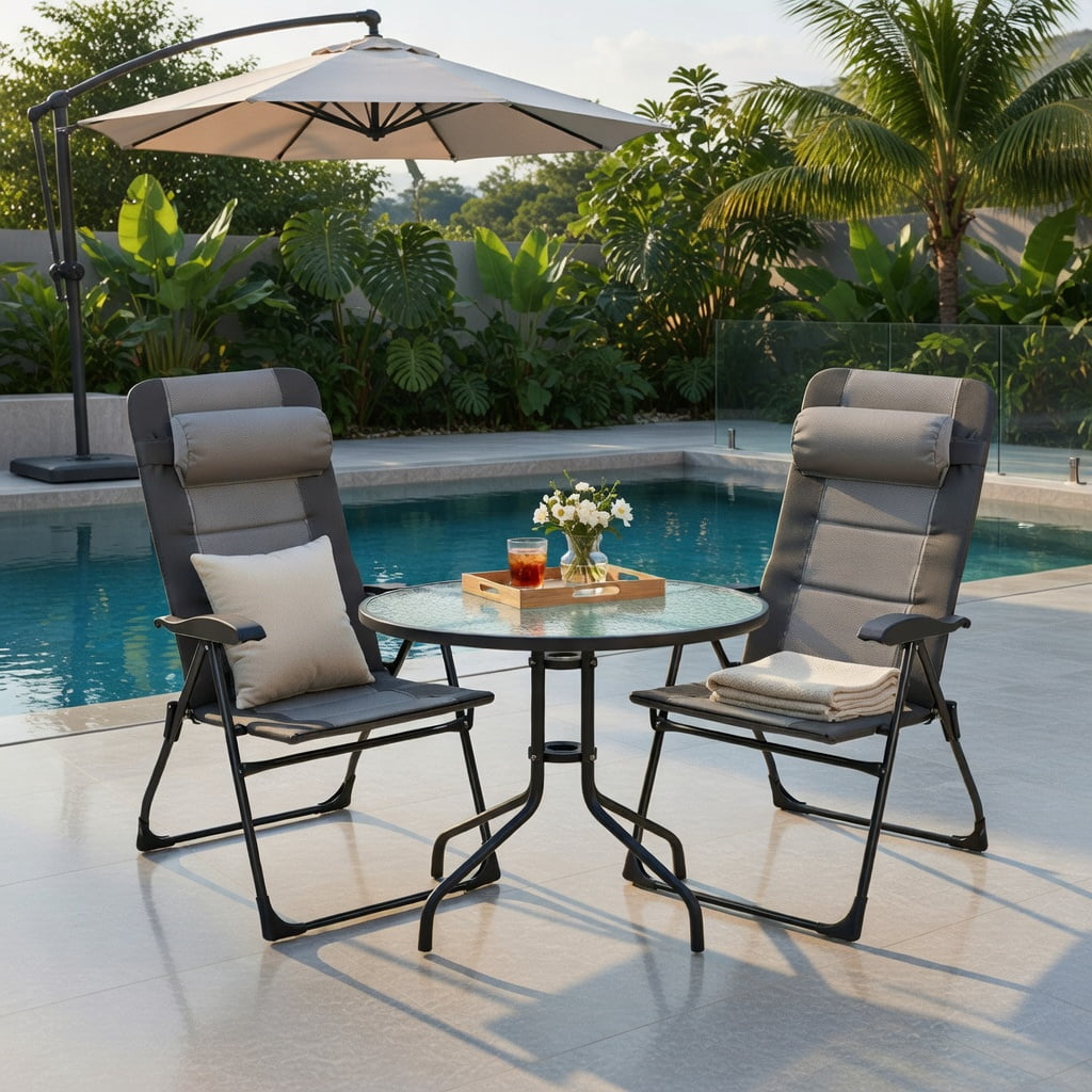 Hommoo Patiojoy 2-Piece Folding Patio Dining Chair Set with Matching Ottomans, Adjustable Reclining Steel Frame, Breathable Oxford Fabric, Outdoor Seating for Deck, Poolside & Lawn, Gray
