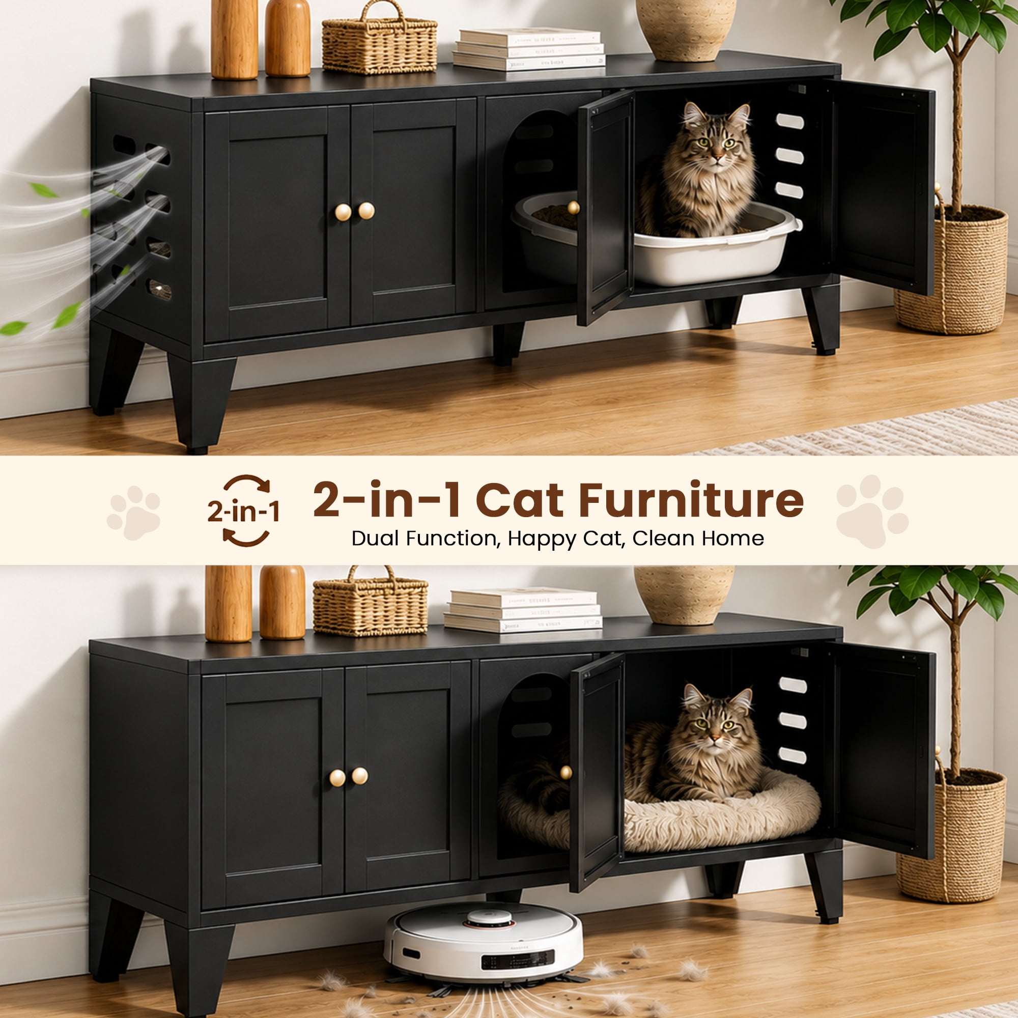58" Metal Cat Litter Box Enclosure, Hidden Litter Box Furniture for 2 Cats, Large Indoor Cat House TV Stand Cabinet with Ventilation & 2 Compartments, Black Modern Pet Washroom with Adjustable Legs
