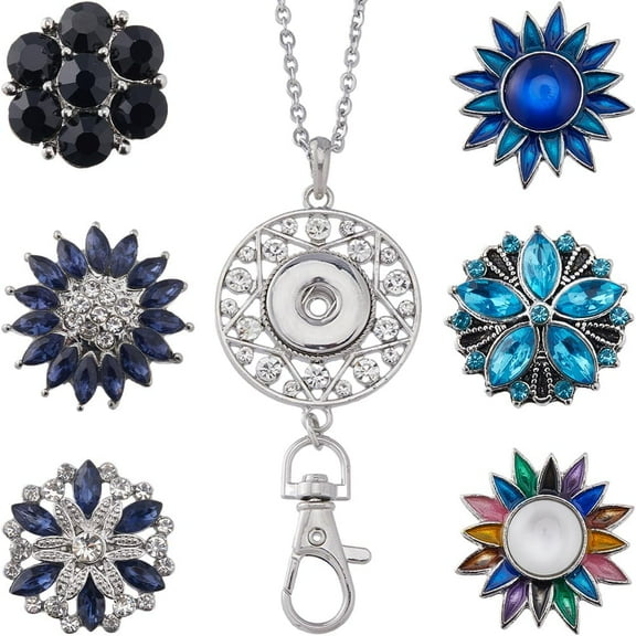 1 Box 6 Styles ID Badge Lanyard Cute Women Badge Holder Blue Black Rhinestone Flower Snap Charms Stainless Steel Necklace Chain Interchangeable Fancy Badge Lanyards Breakaway for Teachers diy