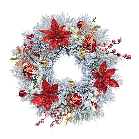 17.71 Inch Cedar Christmas Wreath, Norfolk Pine with Ball Ornaments, Flower and Red Berries, Artificial Winter Wreath for Front Door Indoor Outdoor Holiday Decor