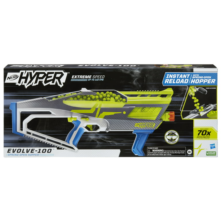 Nerf Hyper Evolve-100 Blaster, 70 Nerf Rounds, Spring-Open Hopper, Eyewear  Included, Ages 14+