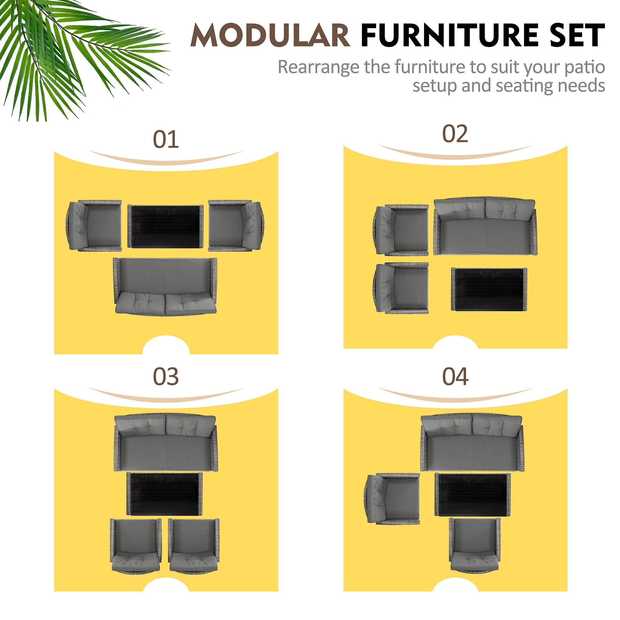 Walsunny 4 Pieces Outdoor Sectional Conversation Wicker Patio Furniture Set with Cushion Table for Backyard,Porch,Garden,Poolside Balcony,Gray