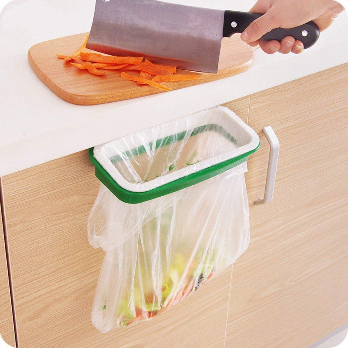Hanging Trash Garbage Rubbish Bag Holder for Kitchen Cupboard Green and White 