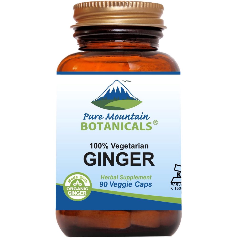 Ginger Root Capsules Kosher Vegan Herbal Supplements Brown Glass Bottle